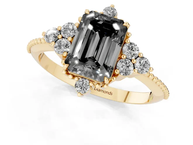 Fancy Black Emerald Cut Diamond Cluster Ring Set in Yellow gold with Beaded Band – second view