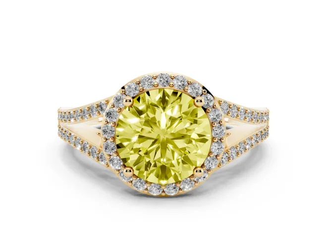 Round Halo Engagement Ring Setting for a Fancy Yellow Lab-Grown Diamond | Pavé Split Shank | Yellow Gold