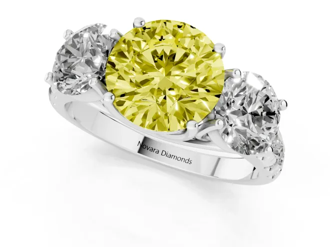 Fancy Yellow Round Cut Diamond Three-Stone Ring Set in Platinum with Pavé Band – second view