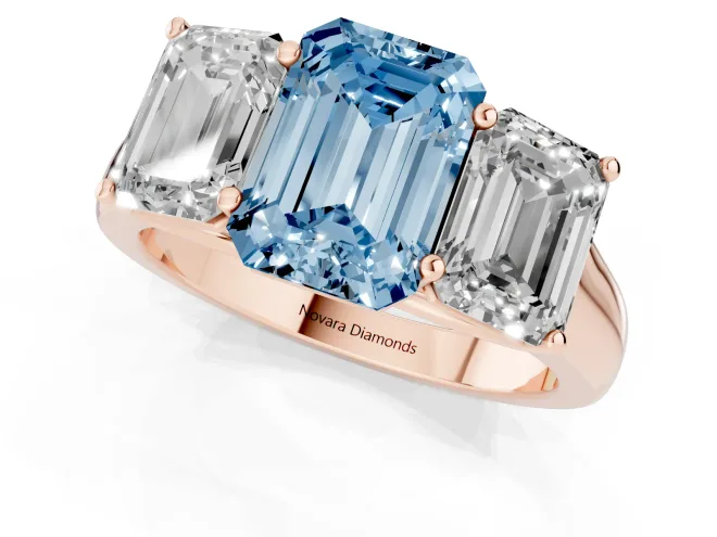 Fancy Blue Emerald Cut Diamond Three-Stone Ring Set in Rose gold with Plain Polished Band – second view