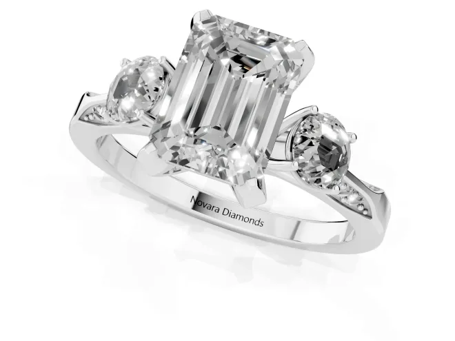 Emerald Cut Diamond Three-Stone Ring Set in Silver with Pavé Band and Smaller Side Stones – second view