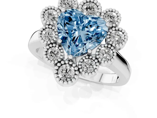 Fancy Blue Heart Cut Diamond Cluster Halo Ring Set in Platinum with Milgrain Bezel Accents and Plain Band – second view
