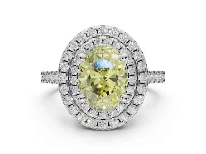 Oval Double Halo Engagement Ring Setting for a Fancy Yellow Lab-Grown Diamond | Pavé Shoulders | White Gold