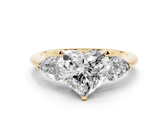 Heart-Shaped Three-Stone Engagement Ring Setting | Pear Side Stones | Yellow Gold
