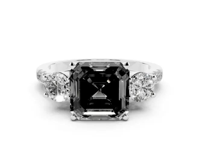 Asscher Cut Three-Stone Engagement Ring Setting for a Black Center | Pavé Shoulders | Platinum
