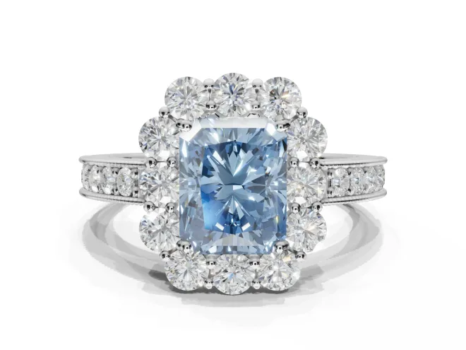 Radiant Cut Vintage Halo Engagement Ring Setting for a Fancy Blue Lab-Grown Diamond | Milgrain Channel Band | White Gold