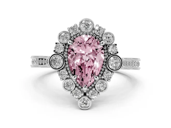 Pear-Shaped Scalloped Halo Engagement Ring Setting for a Fancy Pink Lab-Grown Diamond | Milgrain Edges | Sterling Silver