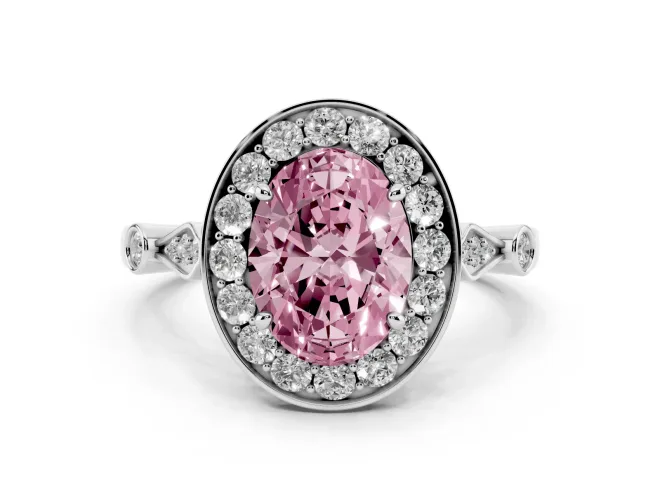 Oval Halo Engagement Ring Setting for a Fancy Pink Lab-Grown Diamond | Bezel Stations | White Gold