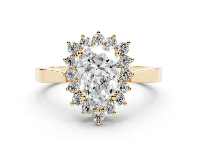 Pear Cut Diamond Halo Ring Set in Yellow gold with Round Halo and Smooth Solitaire Band