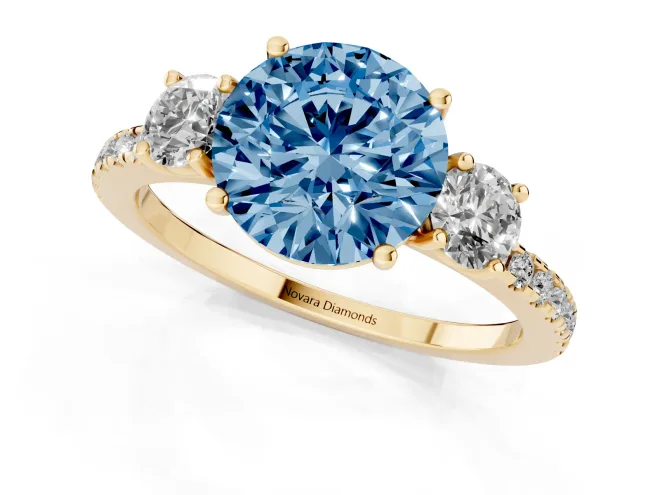 Fancy Blue Round Cut Diamond Three-Stone Ring Set in Yellow gold with Pavé Band and Graduated Sides – second view