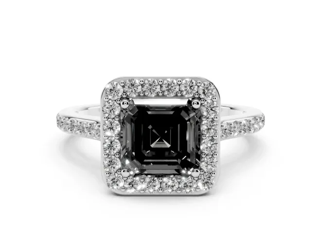 Asscher Cut Pavé Halo Engagement Ring Setting for a Black Center | White Gold