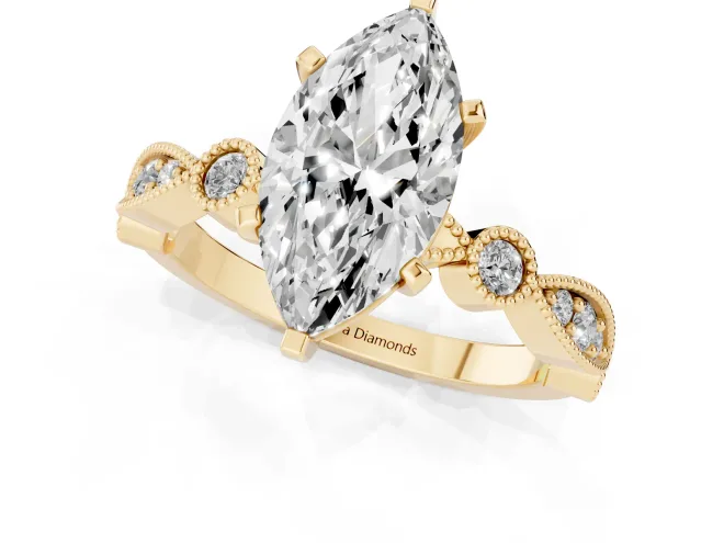 Marquise Cut Diamond Solitaire Engagement Ring Set in Yellow gold with Milgrain Bezel Accent Band – second view