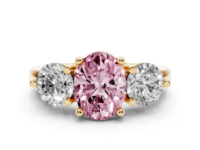 Oval Three Stone Engagement Ring Setting for a Fancy Pink Lab-Grown Diamond | Open Prong Baskets | Yellow Gold