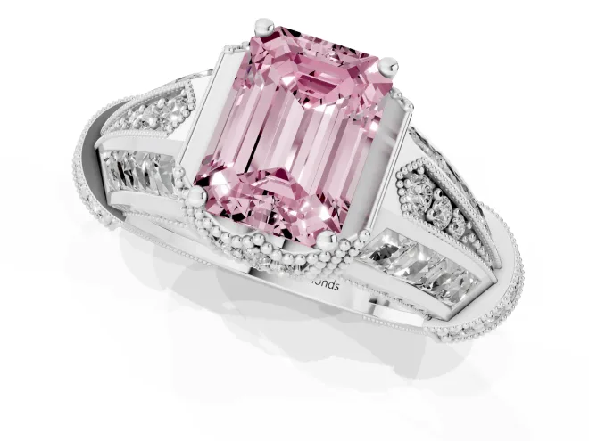 Fancy Pink Emerald Cut Diamond Vintage-Inspired Milgrain Ring Set in White gold with Accent Split Shank – second view