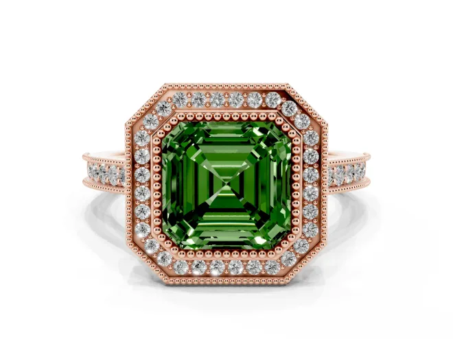 Asscher Cut Vintage Milgrain Halo Engagement Ring Setting for a Fancy Green Lab-Grown Diamond | Bezel Head | Rose Gold