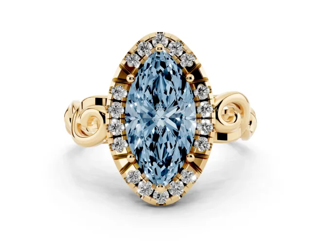 Marquise Filigree Halo Engagement Ring Setting for a Fancy Blue Lab-Grown Diamond | Yellow Gold