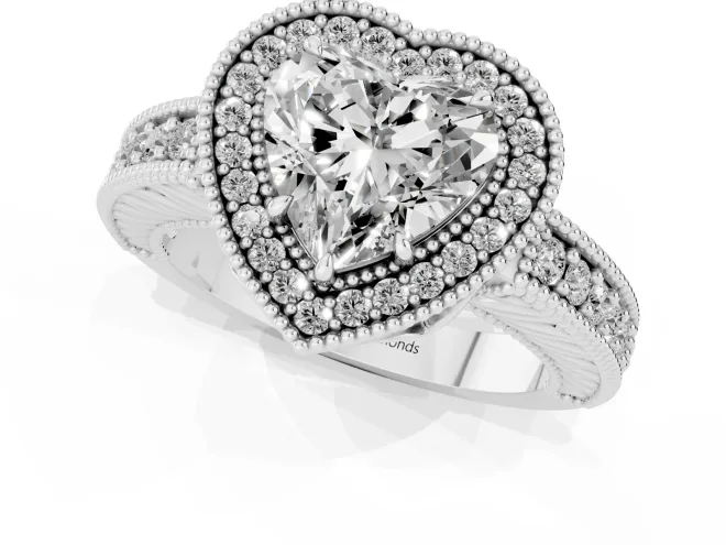 Heart Cut Diamond Halo Ring Set in Platinum with Round Accent Halo, Pavé Band and Prong Setting – second view