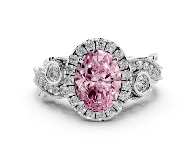 Oval Vintage Halo Engagement Ring Setting for a Fancy Pink Lab-Grown Diamond | Bezel Shoulder Accents | White Gold