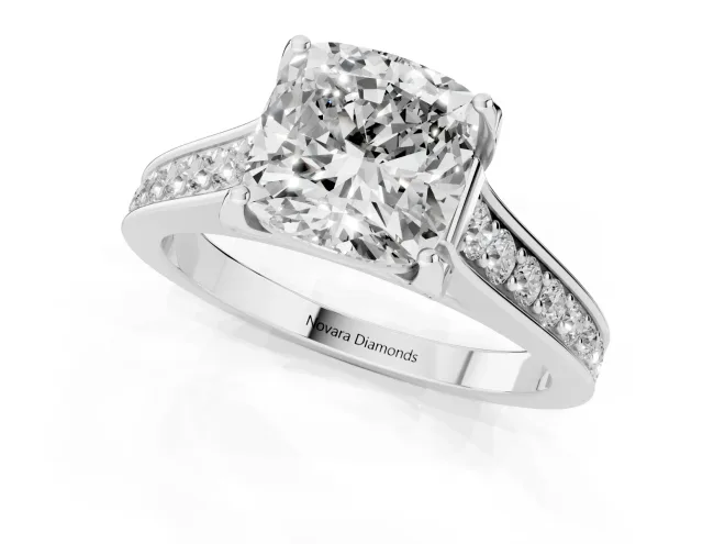 Cushion Cut Diamond Solitaire Pavé Engagement Ring Set in Platinum with Prong Setting – second view