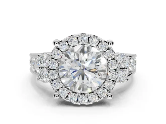 Round Halo Side Cluster Engagement Ring Setting | Graduated Channel Band | Platinum