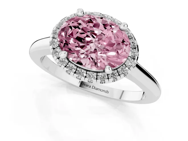 Fancy Pink Oval Cut Diamond Halo Engagement Ring Set in White gold with Pavé Band and Rising Shoulders – second view