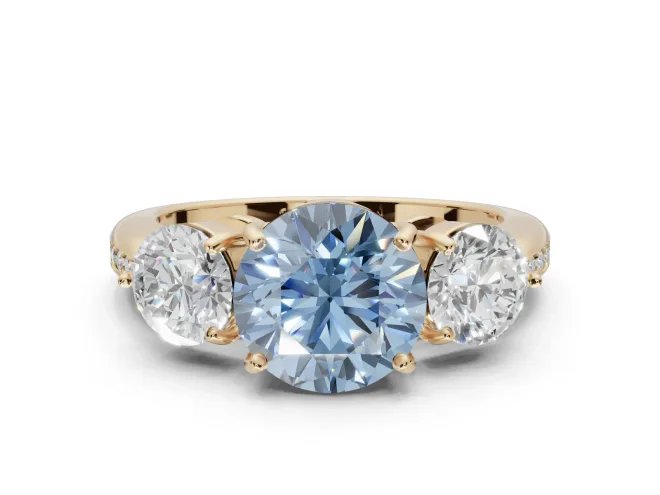 Round Three Stone Engagement Ring Setting for a Fancy Blue Lab-Grown Diamond | Tapered Pavé Band | Yellow Gold