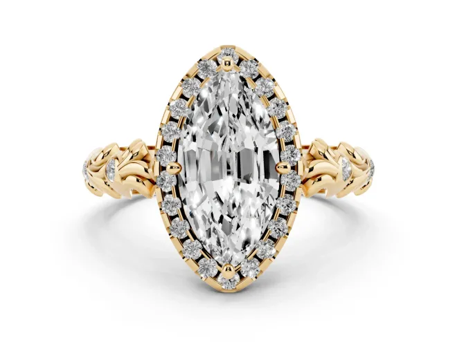 Marquise Cut Diamond Halo Ring Set in Yellow gold with Filigree Leaf Band and Prong Setting