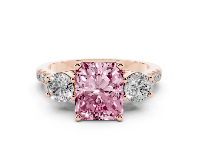 Radiant Cut Three-Stone Engagement Ring Setting for a Fancy Pink Lab-Grown Diamond | Rose Gold