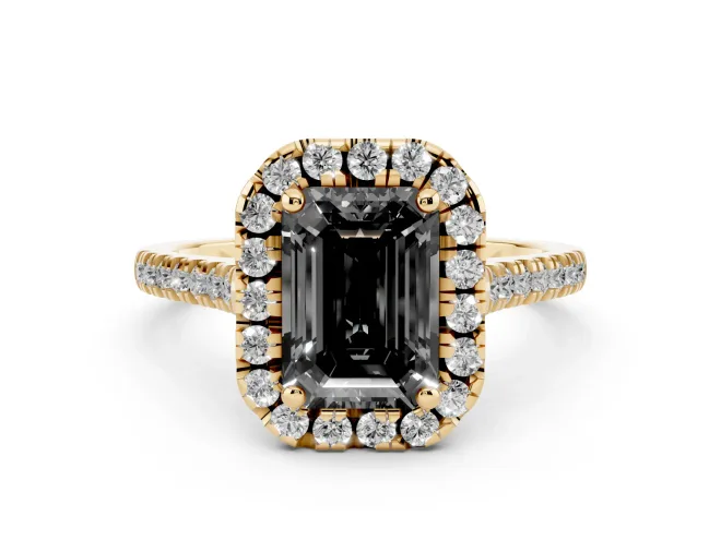 Fancy Black Emerald Cut Diamond Cushion Halo Ring Set in Yellow gold with Pavé Band