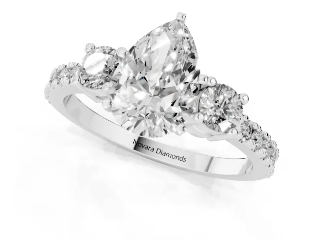 Three-Stone Pear Cut Diamond Pavé Band Ring Set in White gold with Prong Setting – second view
