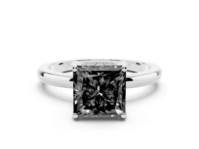 Fancy Black Princess Cut Diamond Solitaire Ring Set in Platinum with Plain Band and Prong Setting