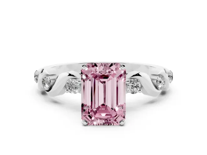 Emerald Cut Ribbon Twist Engagement Ring Setting for a Fancy Pink Lab-Grown Diamond | Accented Shoulders | White Gold