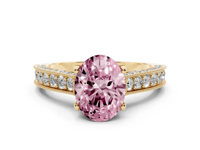 Oval Vintage Hidden Halo Engagement Ring Setting for a Fancy Pink Lab-Grown Diamond | Milgrain Pavé Band | Yellow Gold