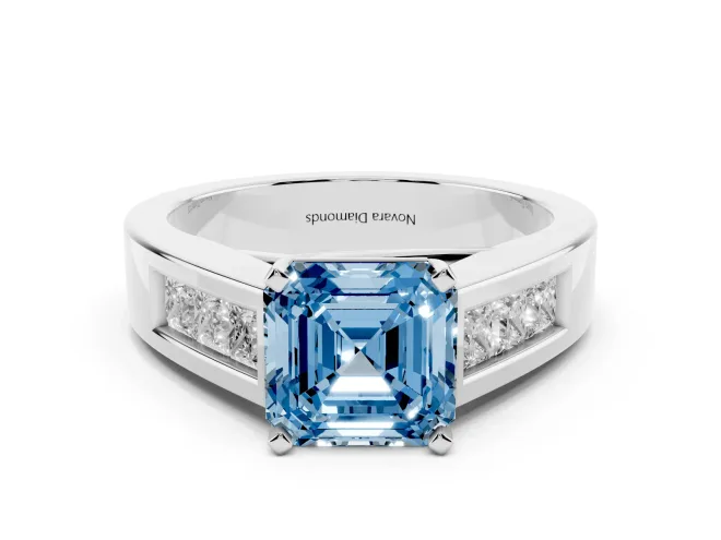 Fancy Blue Asscher Cut Diamond Solitaire Ring Set in Platinum with Channel-Set Accent Stones and Prong Setting