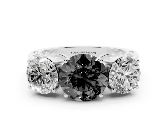 Fancy Black Round Cut Diamond Three-Stone Ring Set in Platinum with Textured Band
