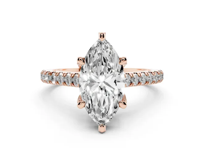 Marquise Cut Diamond Solitaire Ring Set in Rose gold with Brilliant Pavé Band and Prong Setting