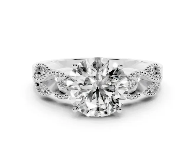 Round Vintage Leaf Solitaire Engagement Ring Setting | Milgrain Edges | Sterling Silver