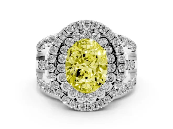 Fancy Yellow Oval Cut Diamond Double Halo Ring Set in Silver with Round Pavé Split Shank