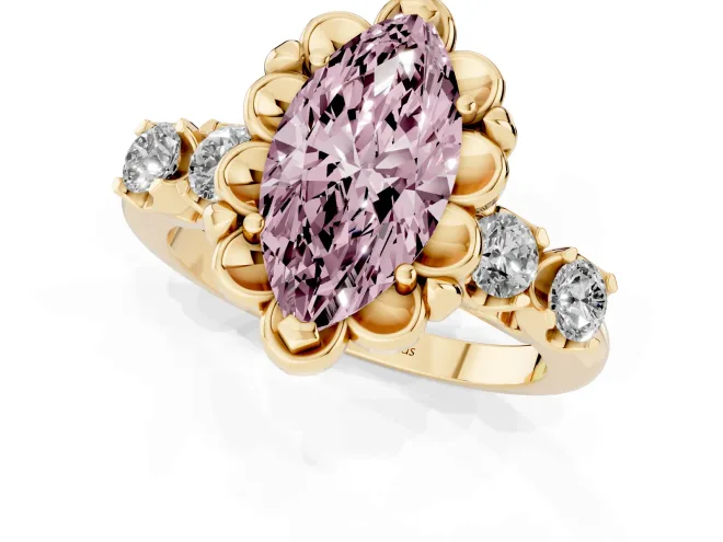 Fancy Pink Marquise Cut Diamond Floral Halo Ring Set in Yellow gold with Shared Prong Band – second view