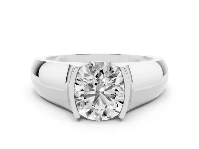 Round Half Bezel Solitaire Engagement Ring Setting | Wide Band | Sterling Silver