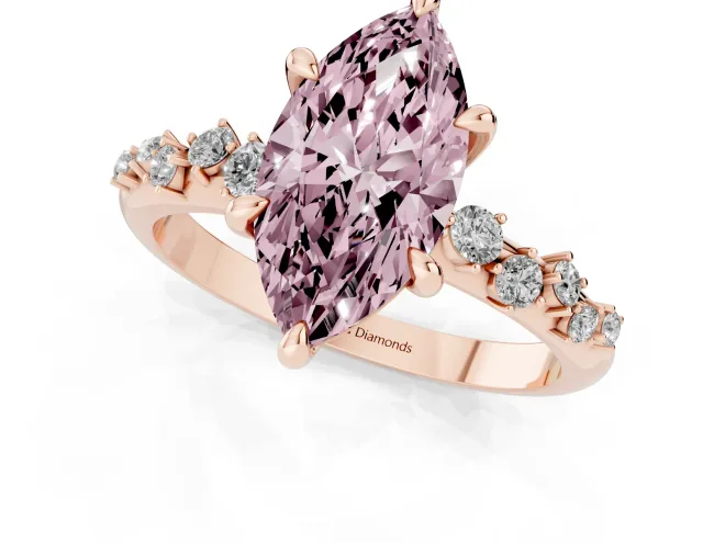 Fancy Pink Marquise Cut Diamond Solitaire Vine Band Ring Set in Rose gold with Round Accents and Prong Setting – second view