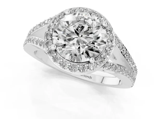 Round Cut Diamond Halo Split Shank Ring Set in Silver with Accent Stones and Prong Setting – second view