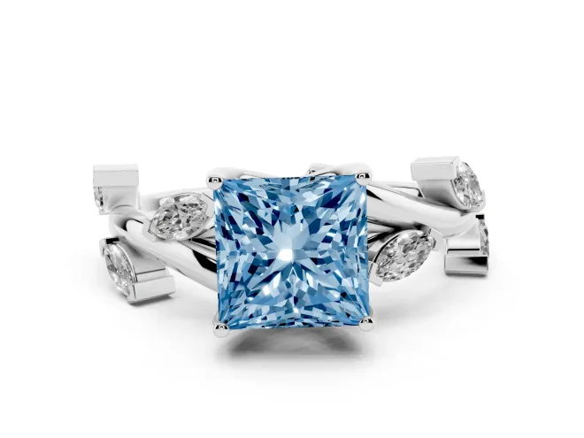 Fancy Blue Princess Cut Diamond Solitaire Ring Set in White gold with Twisted Marquise Accent Band