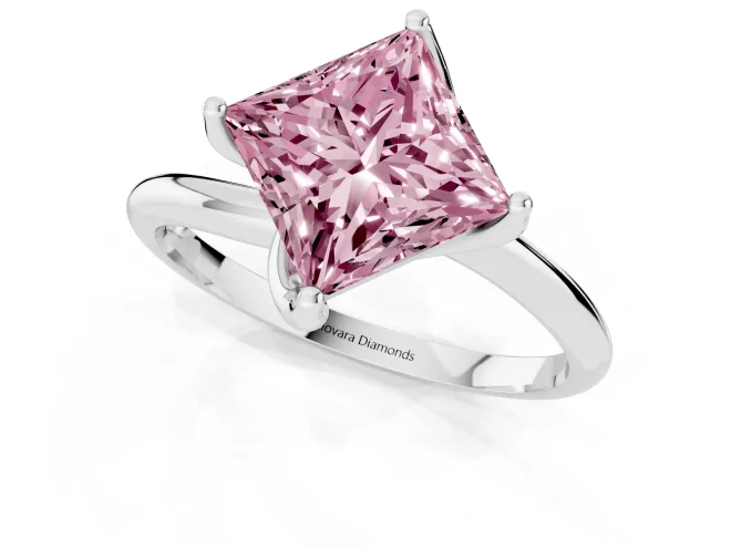 Fancy Pink Princess Cut Diamond Solitaire Engagement Ring Set in White gold with Classic Plain Band – second view