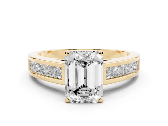 Emerald Cut Channel Set Engagement Ring Setting | Princess Cut Accents | Yellow Gold