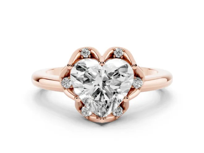 Heart Cut Diamond Round Cluster Halo Ring Set in Rose gold with Solitaire Band and Prong Setting