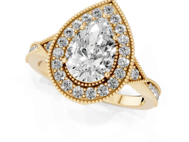 Pear Cut Diamond Halo Engagement Ring Set in Yellow gold with Milgrain Pavé Band – second view