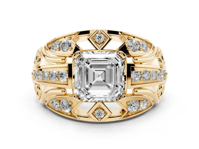 Asscher Cut Diamond Art Deco Ring Set in Yellow gold with Pavé Split Shank