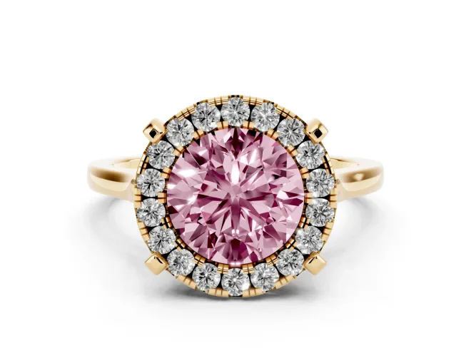 Round Halo Engagement Ring Setting for a Fancy Pink Lab-Grown Diamond | Claw Corners | Yellow Gold