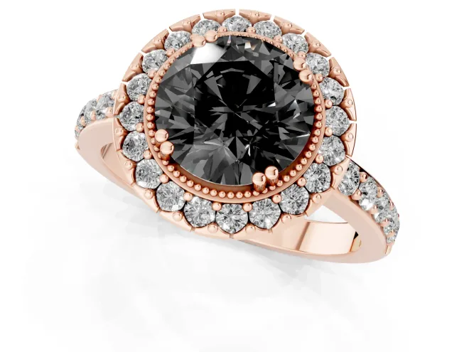 Fancy Black Round Cut Diamond Halo Ring Set in Rose gold with Pavé Shank and Prong Setting – second view